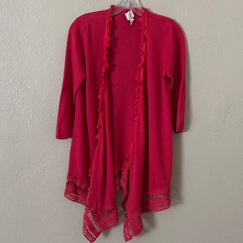 Women’s Chicos 0 Open Front Tassel Trim Cardigan Kimono Red Linen Cotton Small